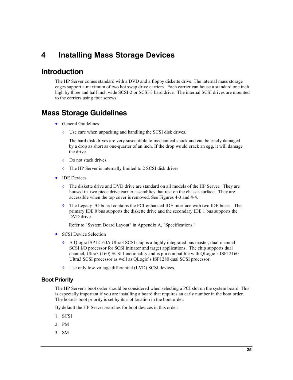 4 installing mass storage devices, Introduction, Mass storage guidelines | Boot priority, Installing mass storage devices, 4installing mass storage devices introduction | HP Integrity rx4610 Server User Manual | Page 32 / 201