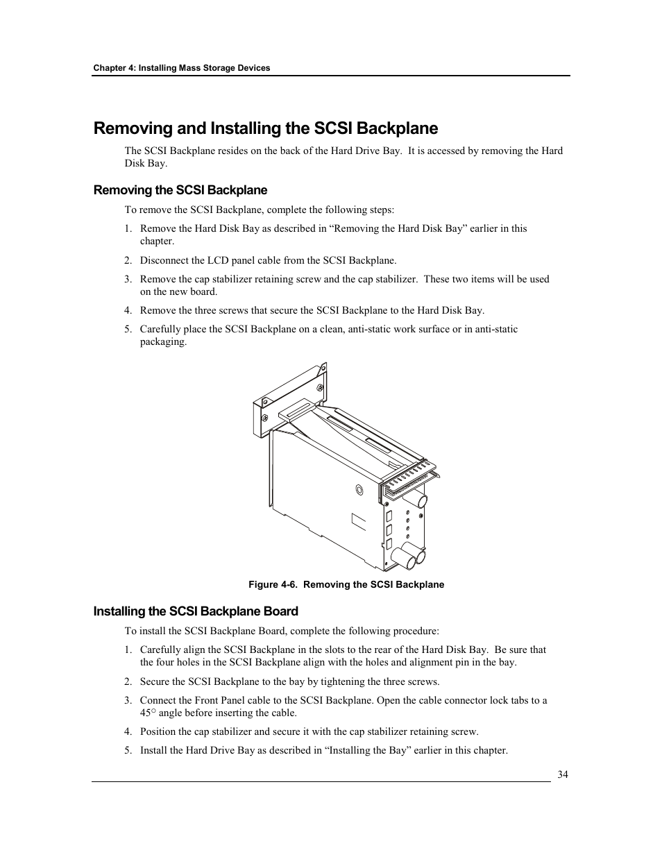 Removing and installing the scsi backplane, Removing the scsi backplane, Installing the scsi backplane board | HP Integrity rx4610 Server User Manual | Page 41 / 201