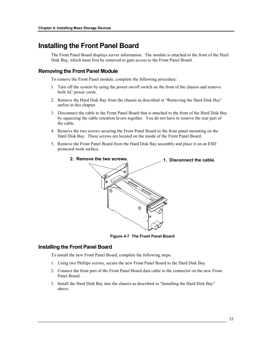 Installing the front panel board, Removing the front panel module | HP Integrity rx4610 Server User Manual | Page 42 / 201