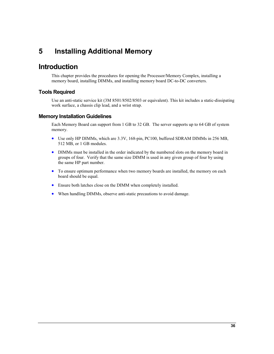 5 installing additional memory, Introduction, Tools required | Memory installation guidelines, Installing additional memory | HP Integrity rx4610 Server User Manual | Page 43 / 201