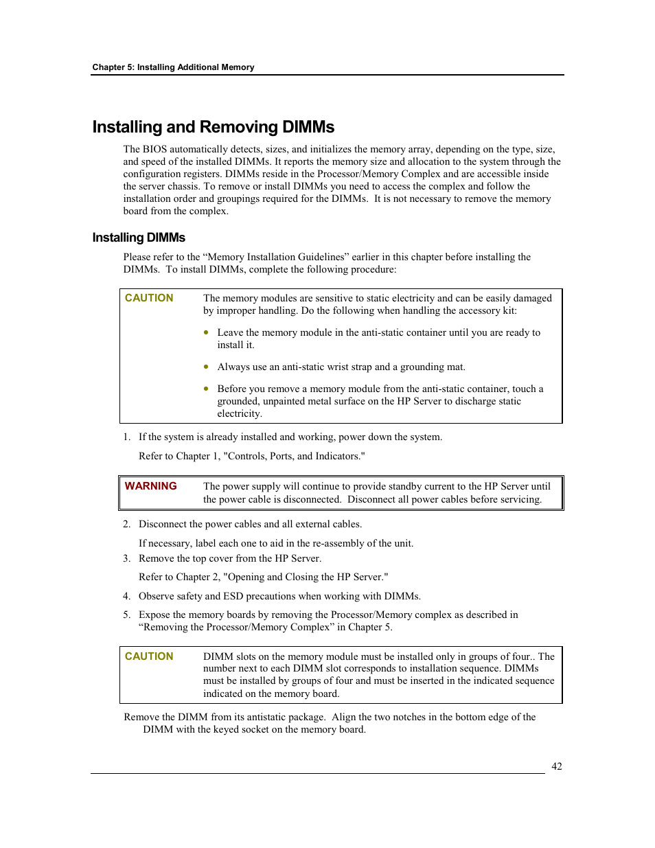 Installing and removing dimms, Installing dimms | HP Integrity rx4610 Server User Manual | Page 49 / 201