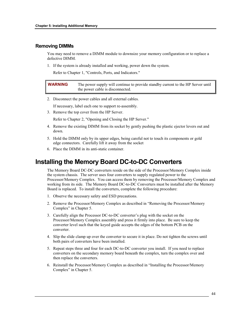 Removing dimms, Installing the memory board dc-to-dc converters | HP Integrity rx4610 Server User Manual | Page 51 / 201