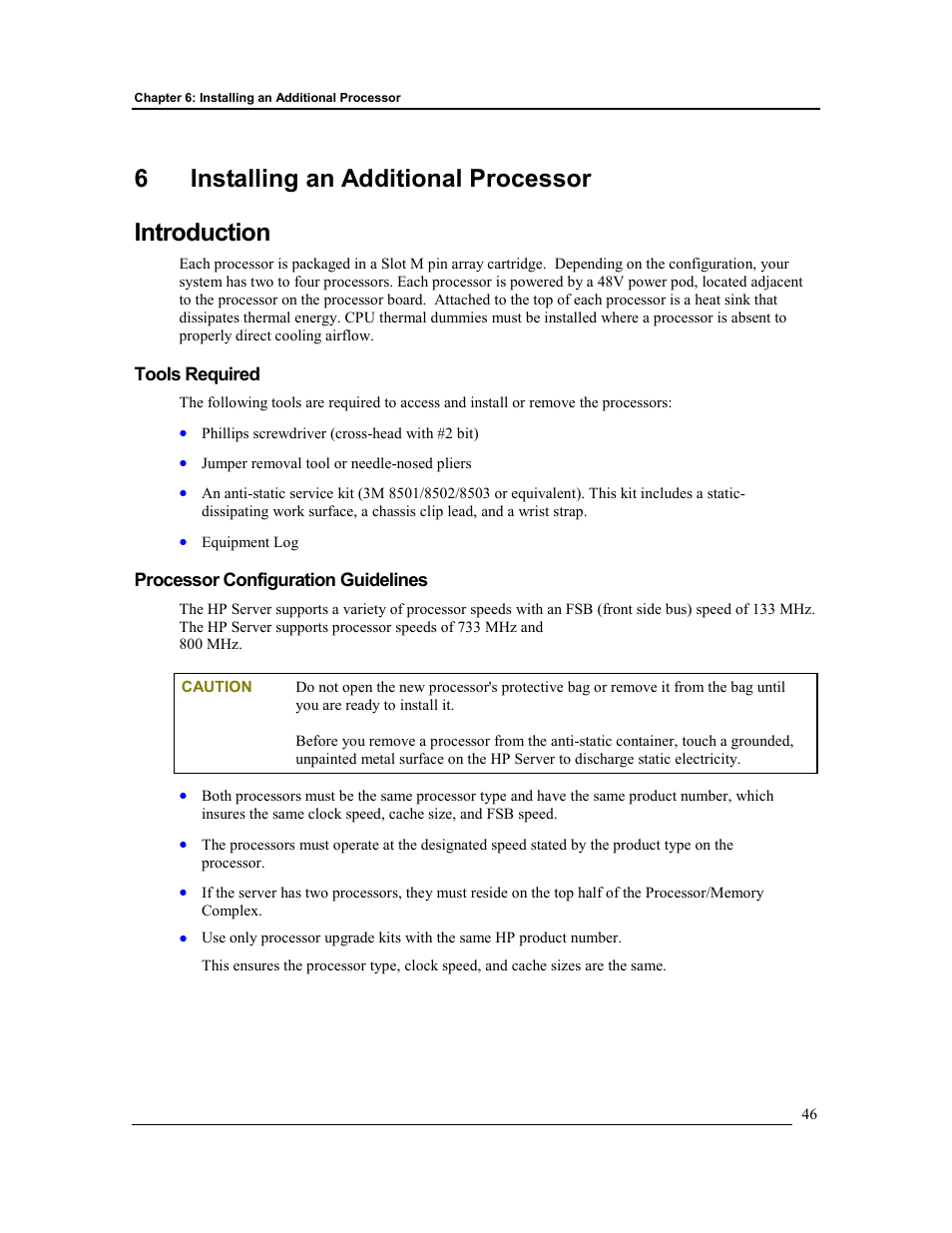 6 installing an additional processor, Introduction, Tools required | Processor configuration guidelines, Installing an additional processor, 6installing an additional processor introduction | HP Integrity rx4610 Server User Manual | Page 53 / 201
