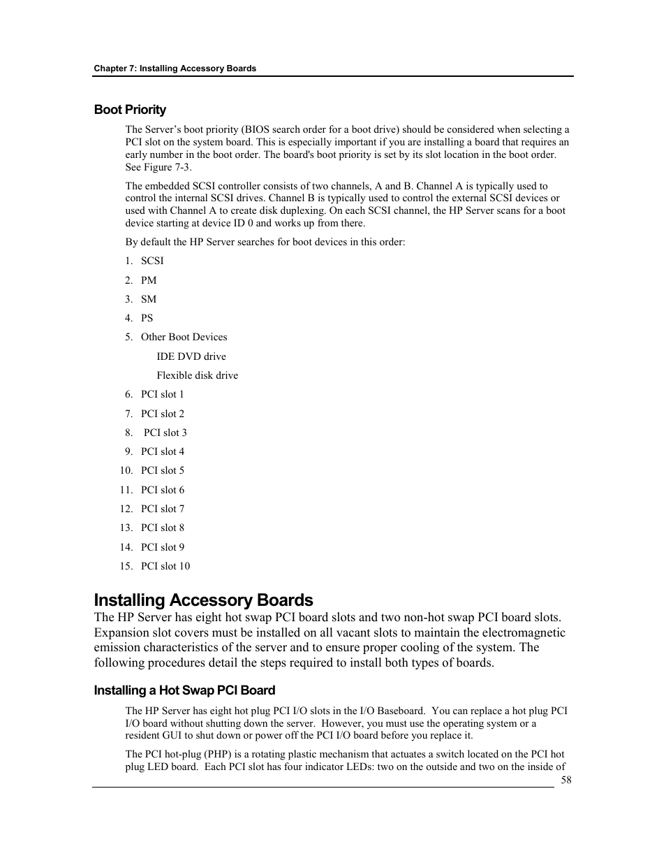 Boot priority, Installing accessory boards, Installing a hot swap pci board | HP Integrity rx4610 Server User Manual | Page 65 / 201