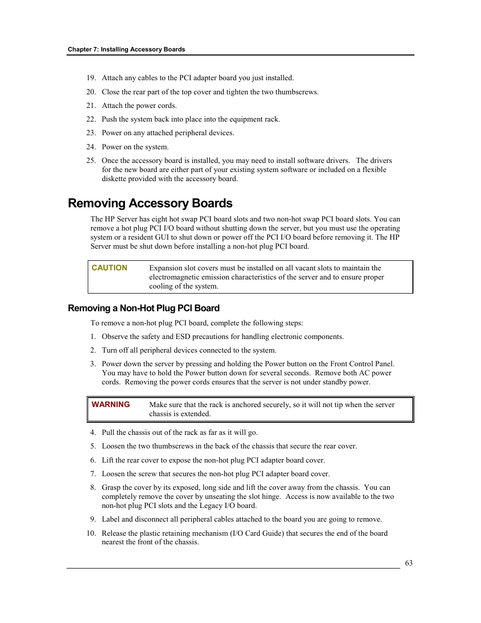 Removing accessory boards, Removing a non-hot plug pci board | HP Integrity rx4610 Server User Manual | Page 70 / 201