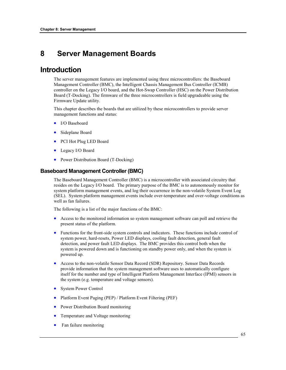 8 server management boards, Introduction, Baseboard management controller (bmc) | Server management boards, 8server management boards introduction | HP Integrity rx4610 Server User Manual | Page 72 / 201