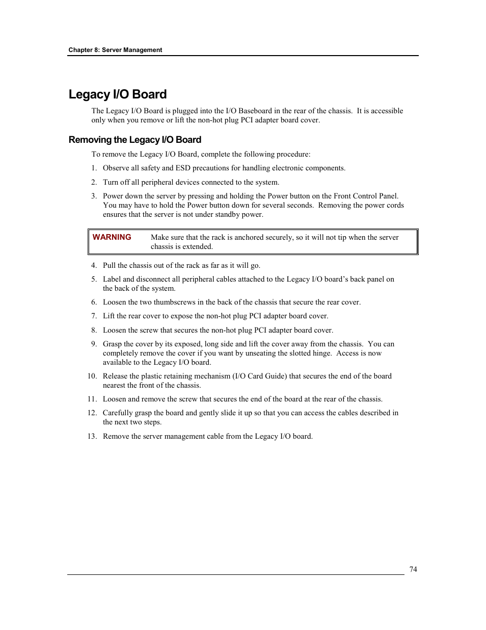 Legacy i/o board, Removing the legacy i/o board | HP Integrity rx4610 Server User Manual | Page 81 / 201