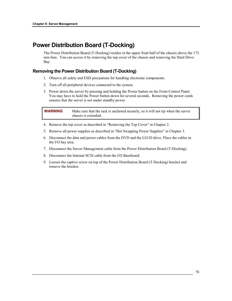 Power distribution board (t-docking), Removing the power distribution board (t-docking) | HP Integrity rx4610 Server User Manual | Page 85 / 201
