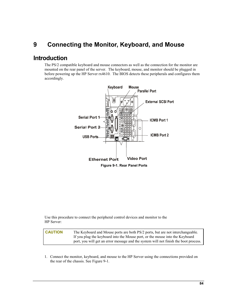 9 connecting the monitor, keyboard, and mouse, Introduction, Connecting the monitor, keyboard, and mouse | HP Integrity rx4610 Server User Manual | Page 91 / 201