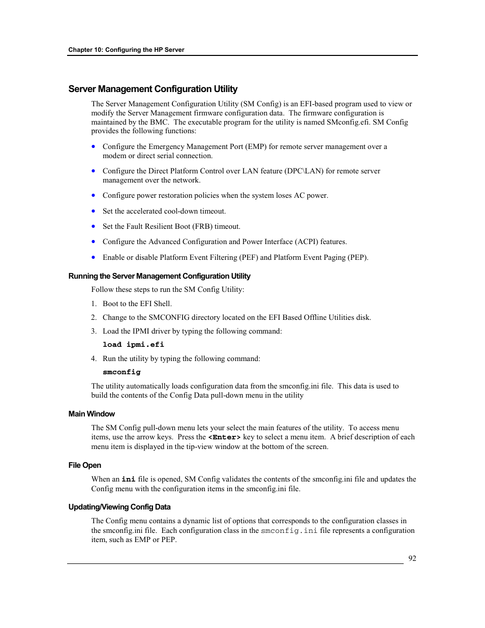Server management configuration utility, Main window, File open | Updating/viewing config data | HP Integrity rx4610 Server User Manual | Page 99 / 201
