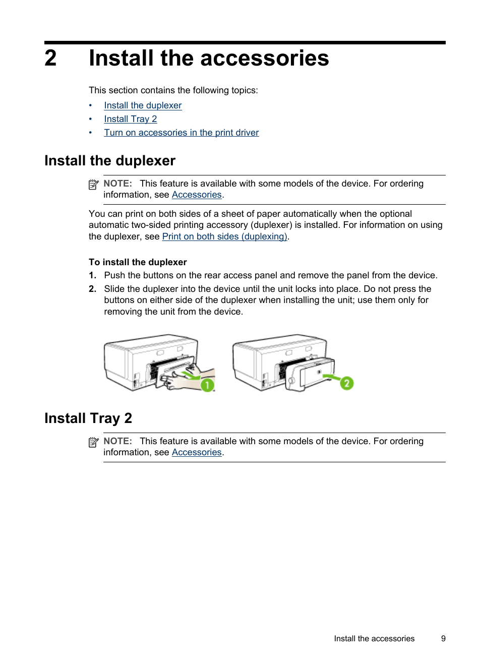 Install the accessories, Install the duplexer, Install tray 2 | 2 install the accessories, Install the duplexer install tray 2, 2install the accessories | HP Officejet Pro K5400 Printer User Manual | Page 13 / 103