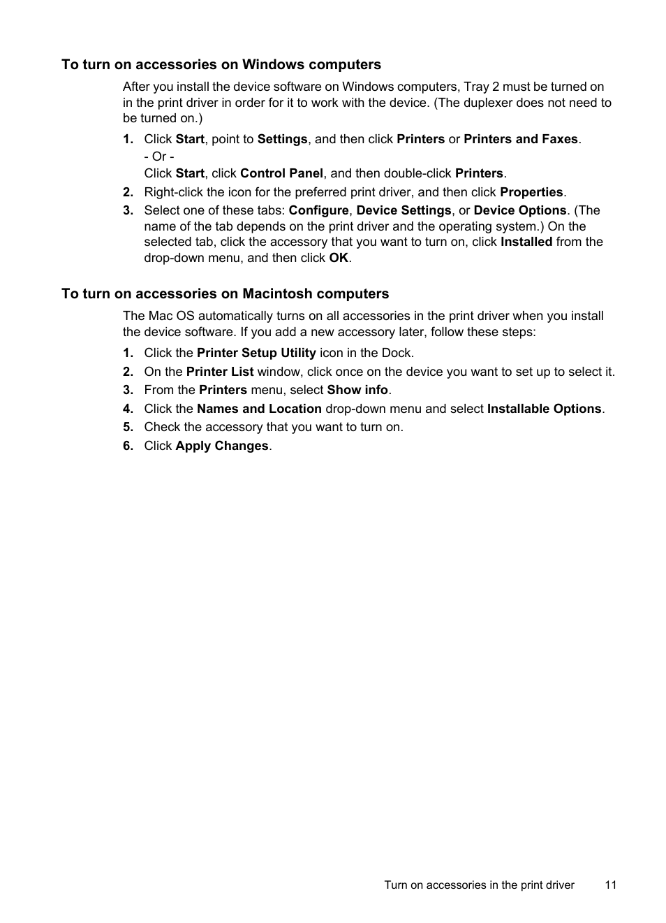 To turn on accessories on windows computers, To turn on accessories on macintosh computers | HP Officejet Pro K5400 Printer User Manual | Page 15 / 103