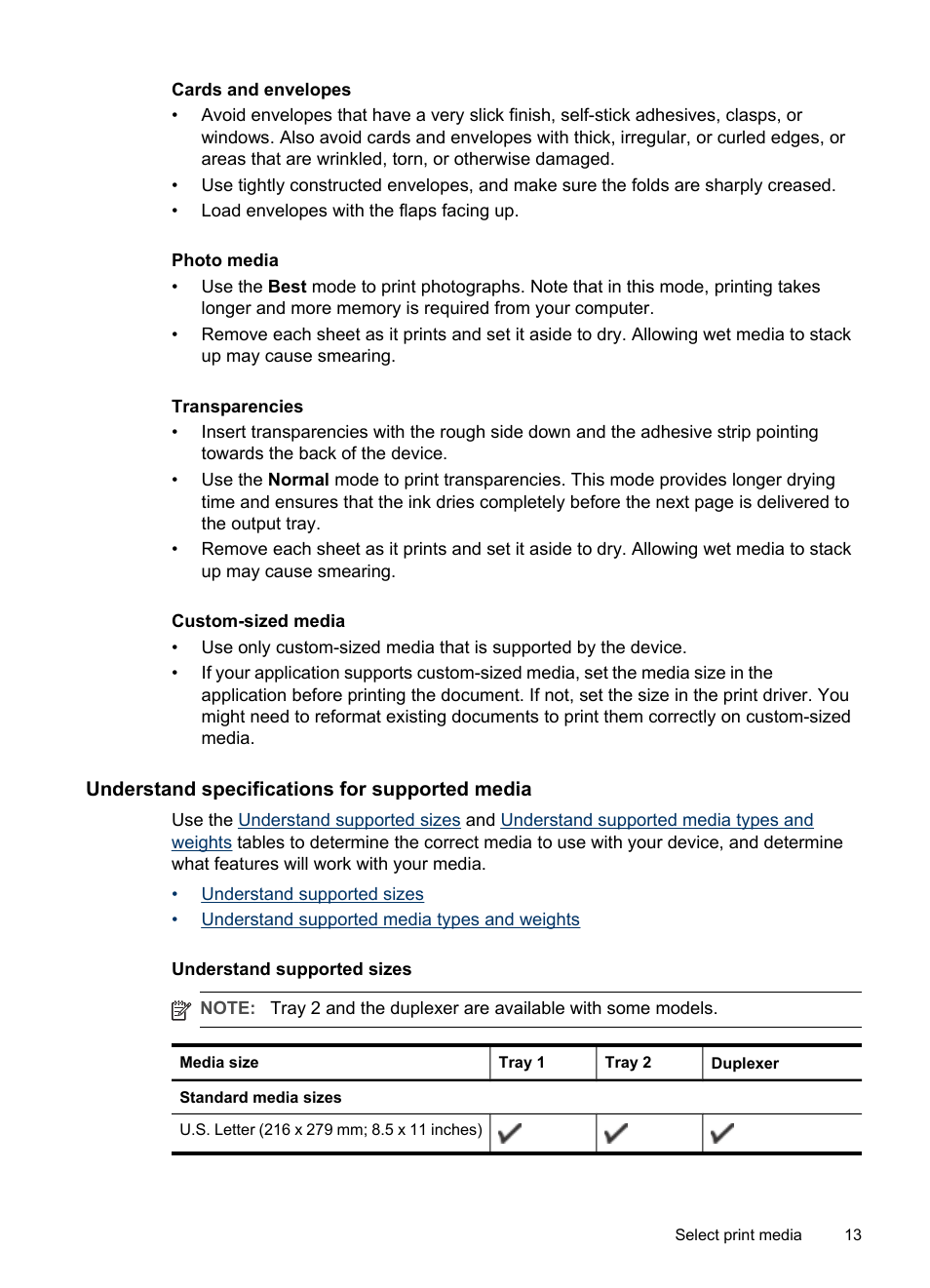 Understand specifications for supported media, Understand supported sizes, Information, see | Understand specifications for, Supported media | HP Officejet Pro K5400 Printer User Manual | Page 17 / 103