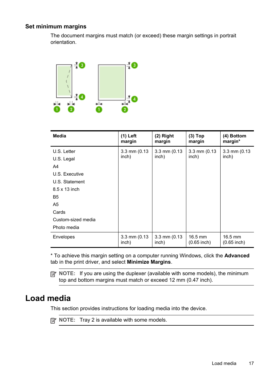 Set minimum margins, Load media | HP Officejet Pro K5400 Printer User Manual | Page 21 / 103