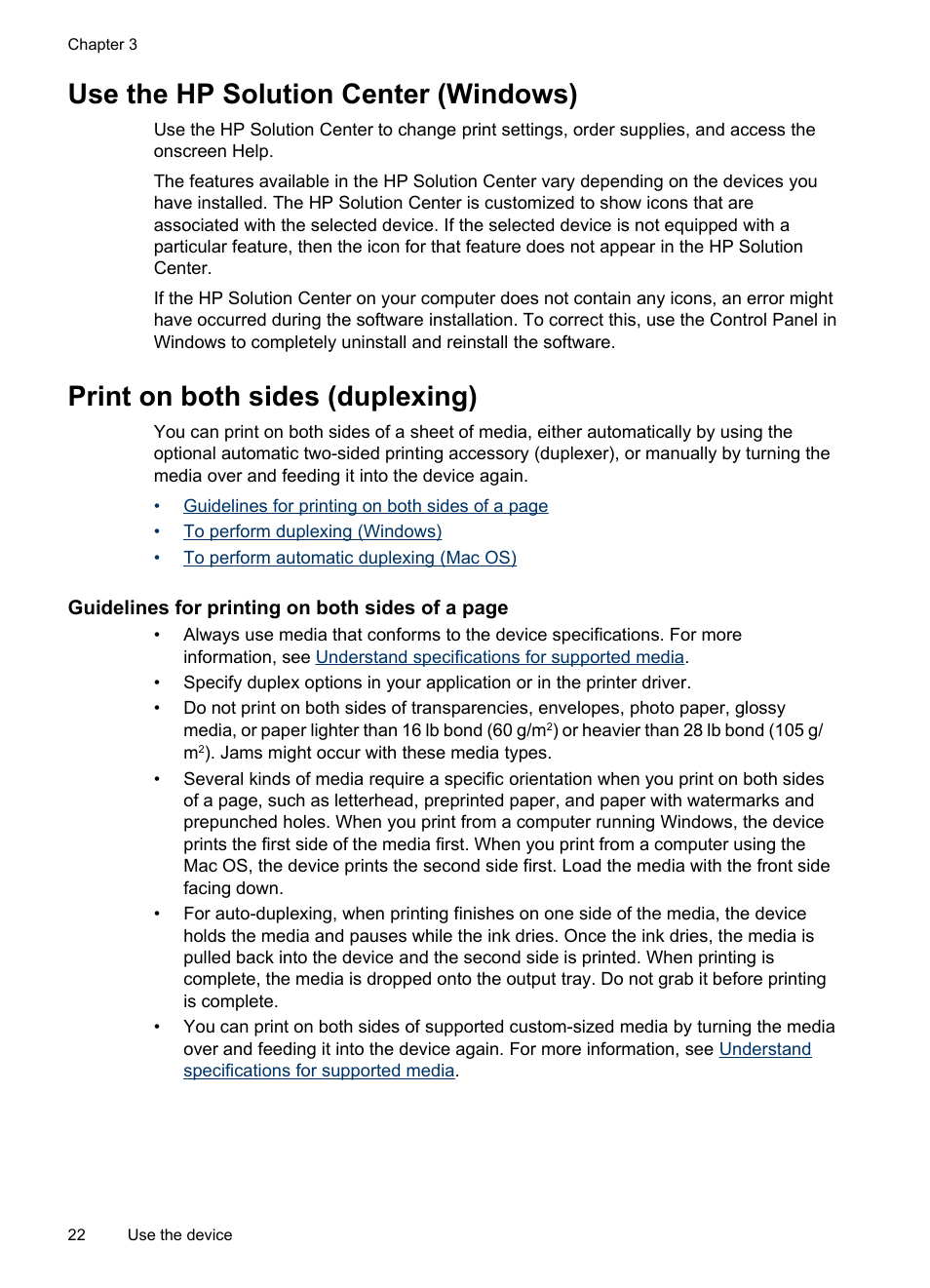 Use the hp solution center (windows), Print on both sides (duplexing) | HP Officejet Pro K5400 Printer User Manual | Page 26 / 103