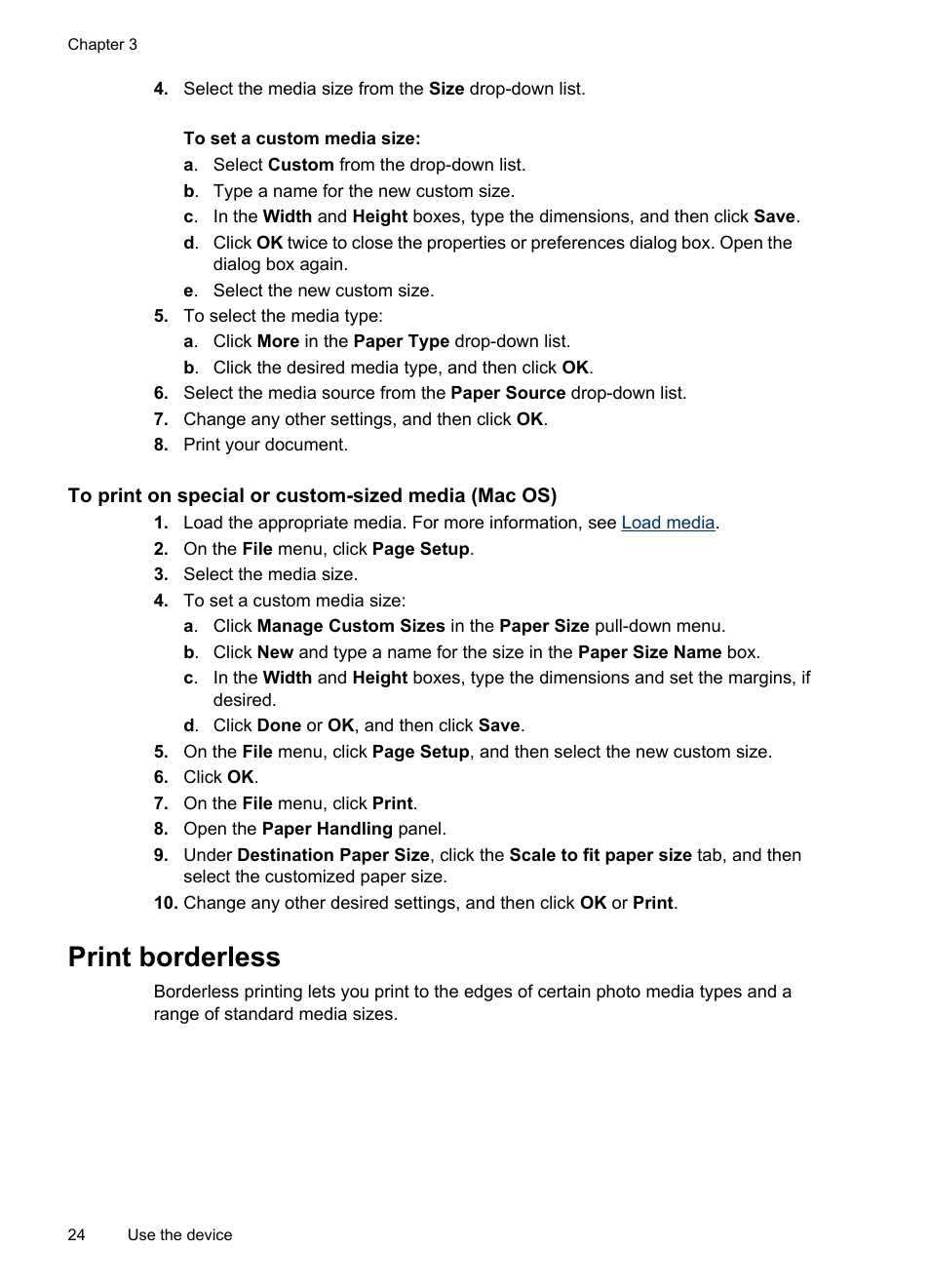 To print on special or custom-sized media (mac os), Print borderless | HP Officejet Pro K5400 Printer User Manual | Page 28 / 103