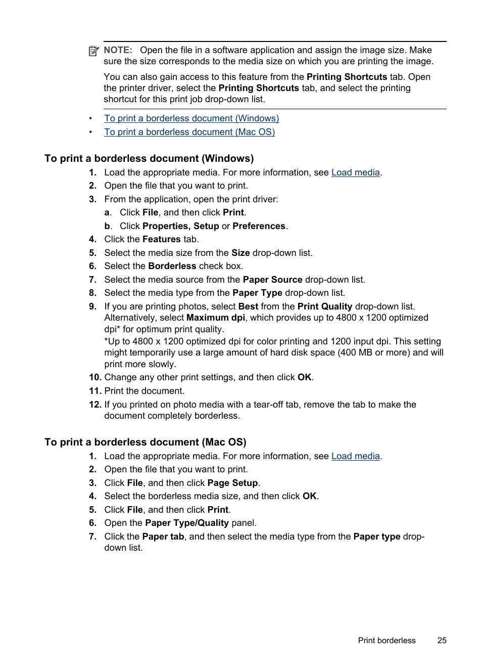 To print a borderless document (windows), To print a borderless document (mac os) | HP Officejet Pro K5400 Printer User Manual | Page 29 / 103