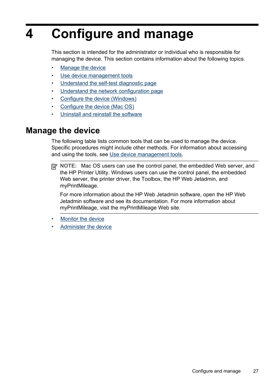 Configure and manage, Manage the device, 4 configure and manage | Monitor the device administer the device, 4configure and manage | HP Officejet Pro K5400 Printer User Manual | Page 31 / 103