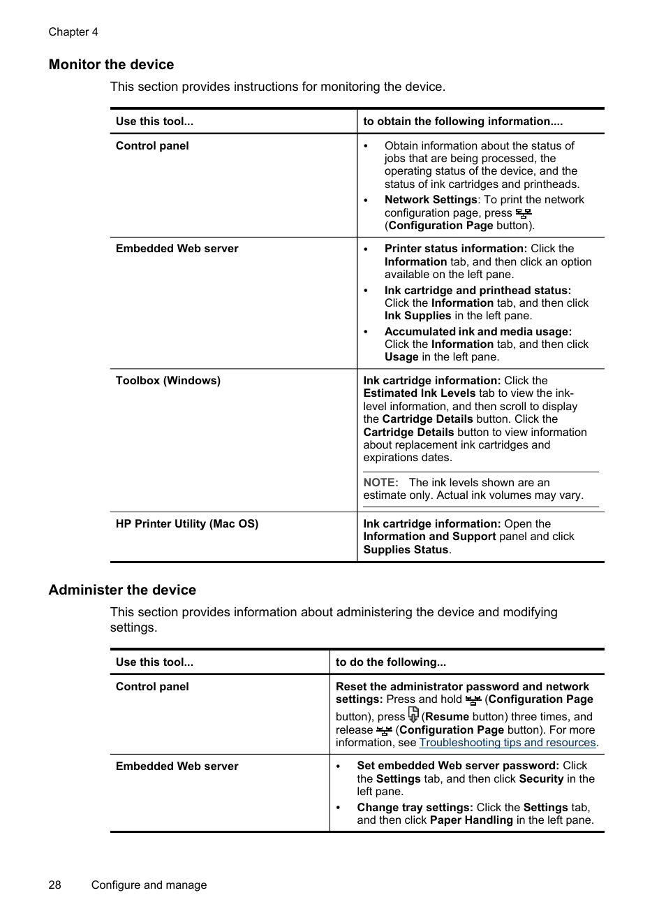 Monitor the device, Administer the device | HP Officejet Pro K5400 Printer User Manual | Page 32 / 103