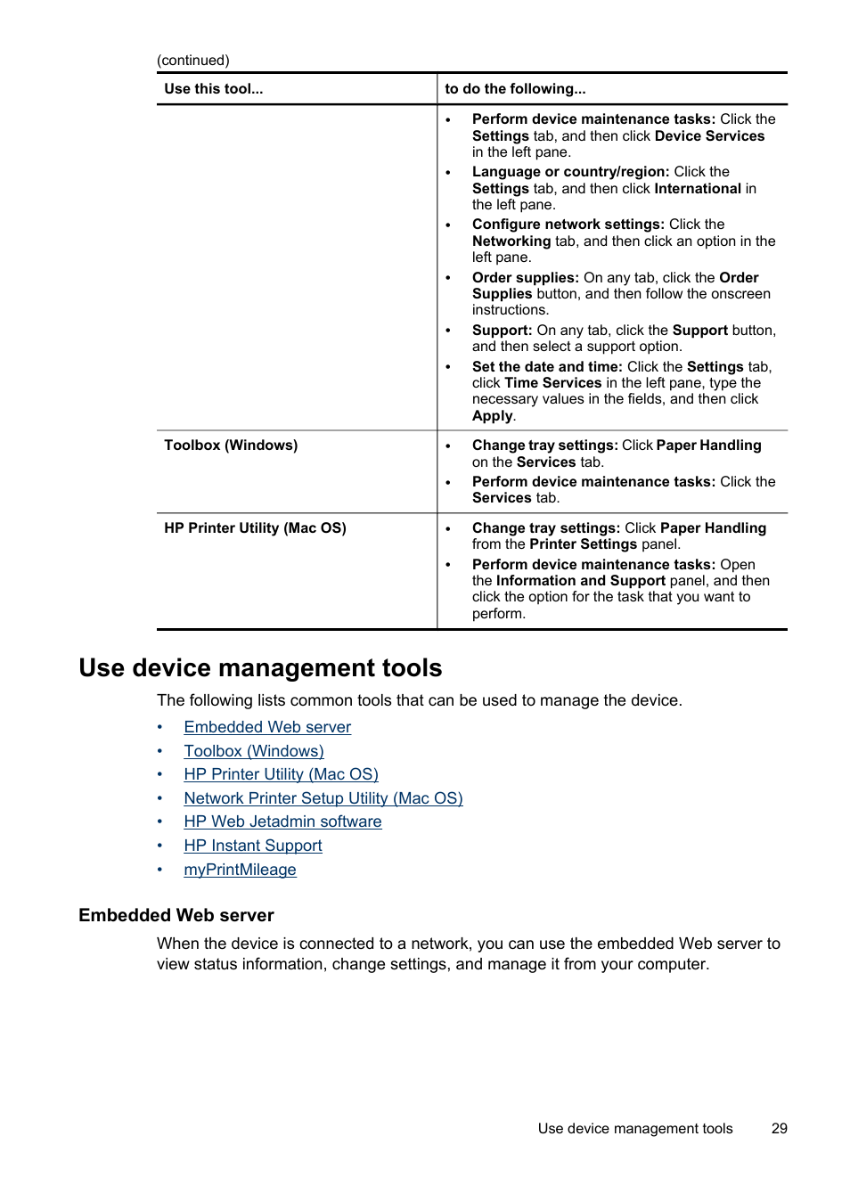 Use device management tools, Embedded web server, Toolbox (windows) | To open the toolbox toolbox tabs, Hp printer utility (mac os), Myprintmileage | HP Officejet Pro K5400 Printer User Manual | Page 33 / 103