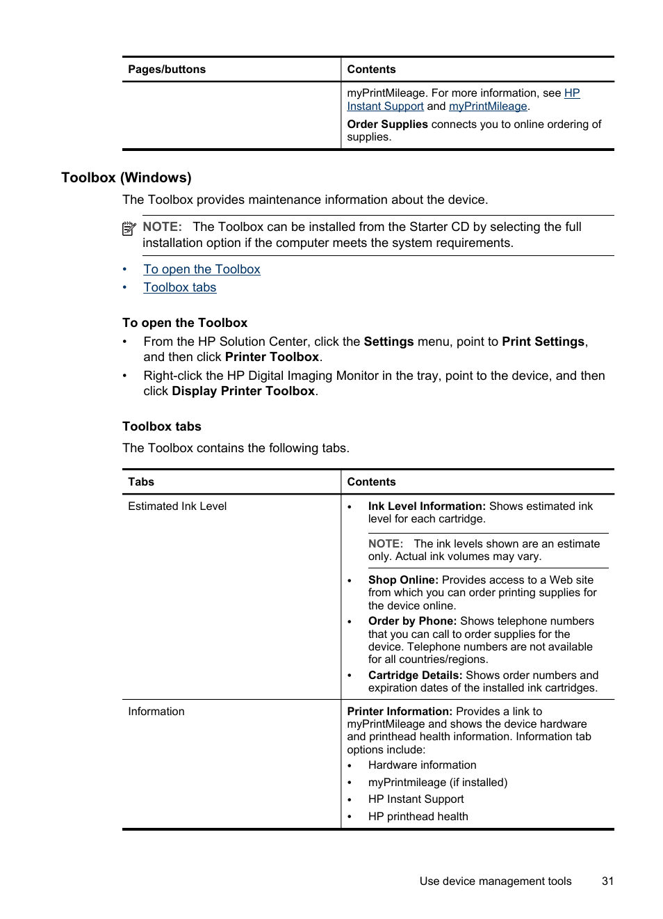 Toolbox (windows), To open the toolbox, Toolbox tabs | HP Officejet Pro K5400 Printer User Manual | Page 35 / 103