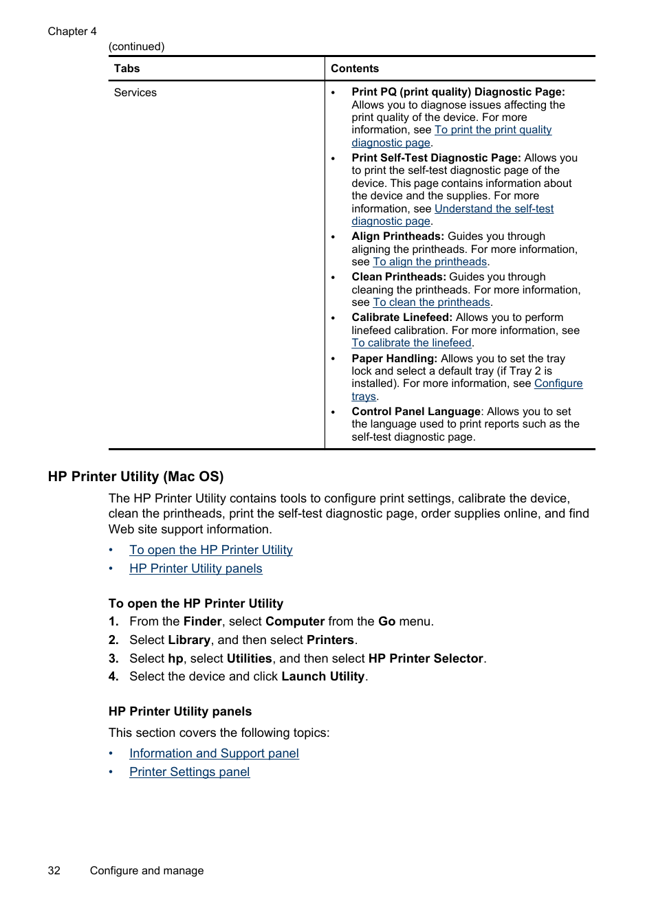 Hp printer utility (mac os), To open the hp printer utility, Hp printer utility panels | Printer utility (mac os) | HP Officejet Pro K5400 Printer User Manual | Page 36 / 103