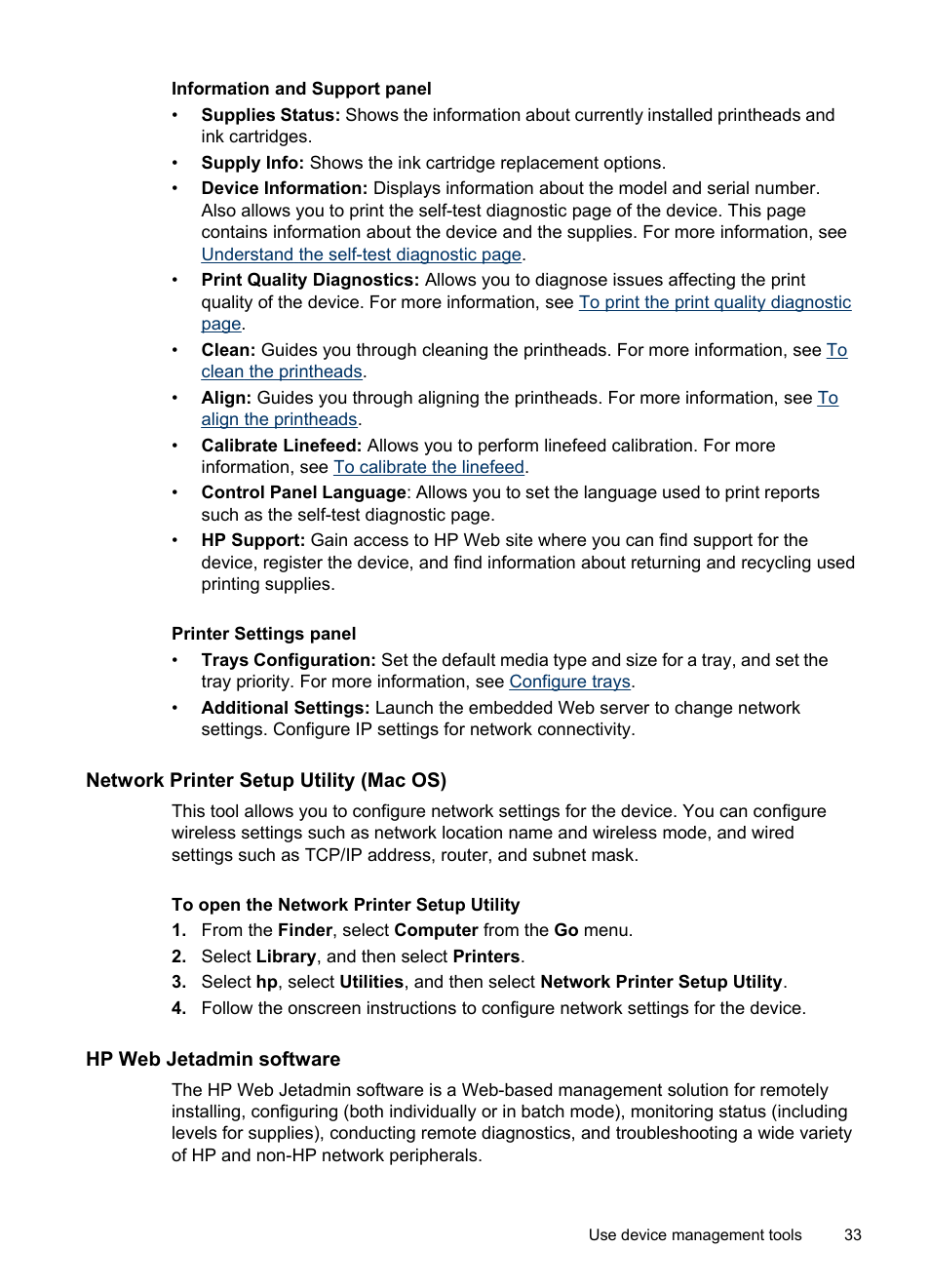 Network printer setup utility (mac os), Hp web jetadmin software, Information and support panel | Printer settings panel | HP Officejet Pro K5400 Printer User Manual | Page 37 / 103