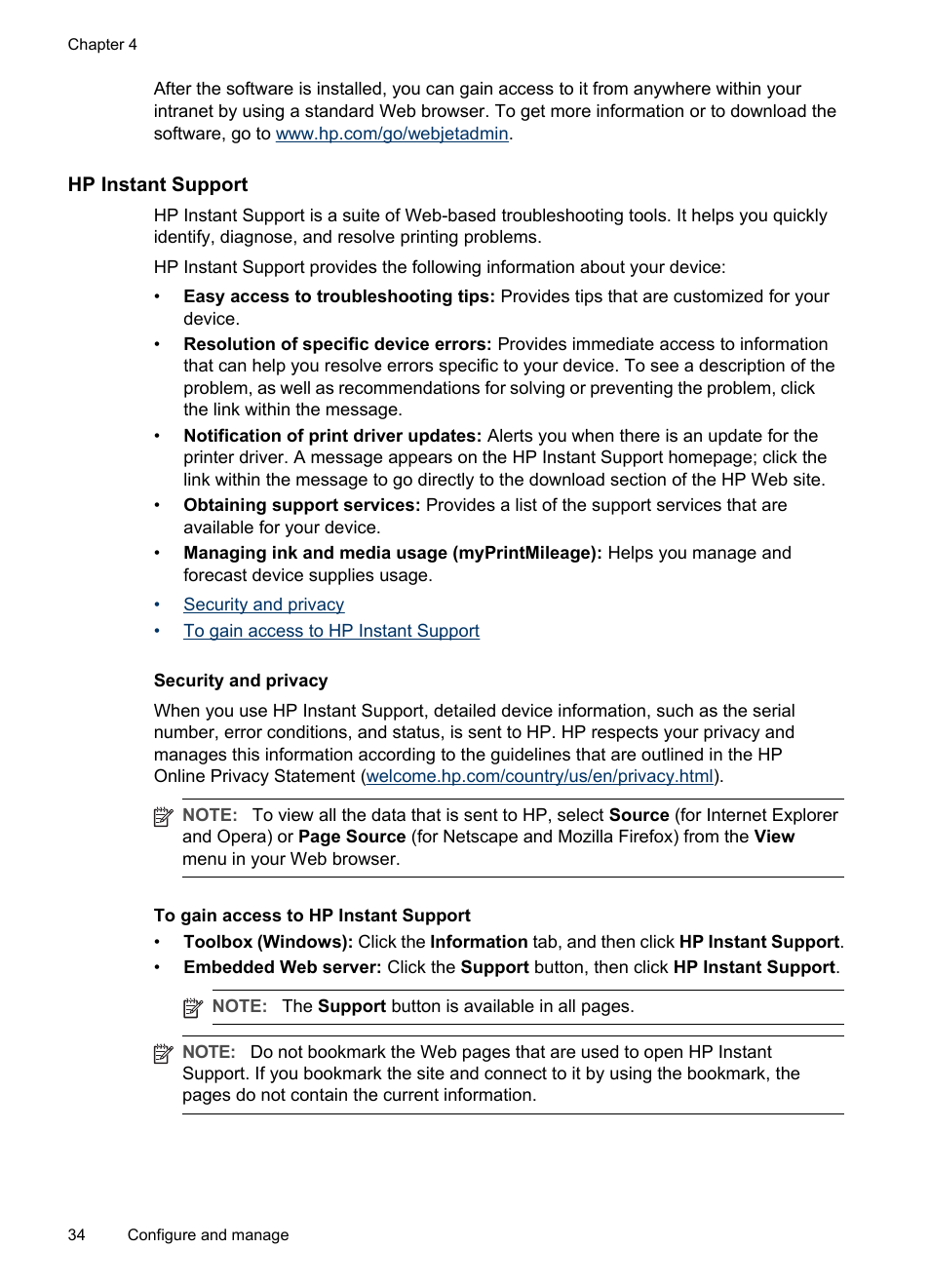 Hp instant support, Security and privacy, To gain access to hp instant support | Instant support | HP Officejet Pro K5400 Printer User Manual | Page 38 / 103