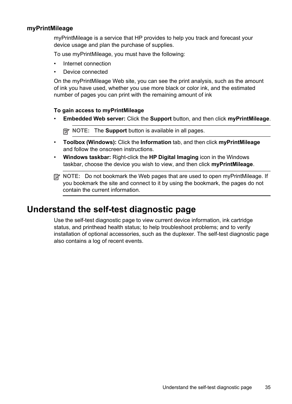 Myprintmileage, Understand the self-test, Understand the self-test diagnostic page | HP Officejet Pro K5400 Printer User Manual | Page 39 / 103