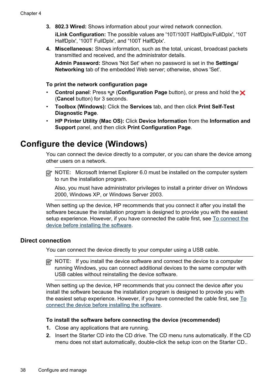 Configure the device (windows), Direct connection, Network connection | HP Officejet Pro K5400 Printer User Manual | Page 42 / 103