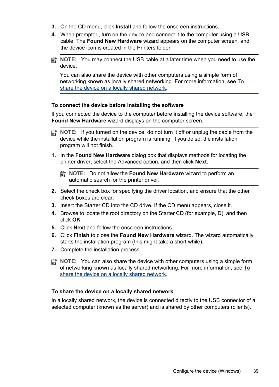 To share the device on a locally shared network, To connect the, Device before installing the software | Connect the device before installing the software | HP Officejet Pro K5400 Printer User Manual | Page 43 / 103