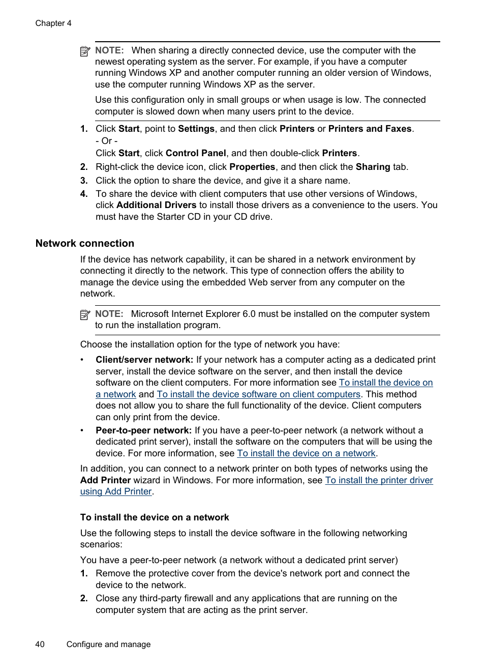 Network connection, To install the device on a network | HP Officejet Pro K5400 Printer User Manual | Page 44 / 103