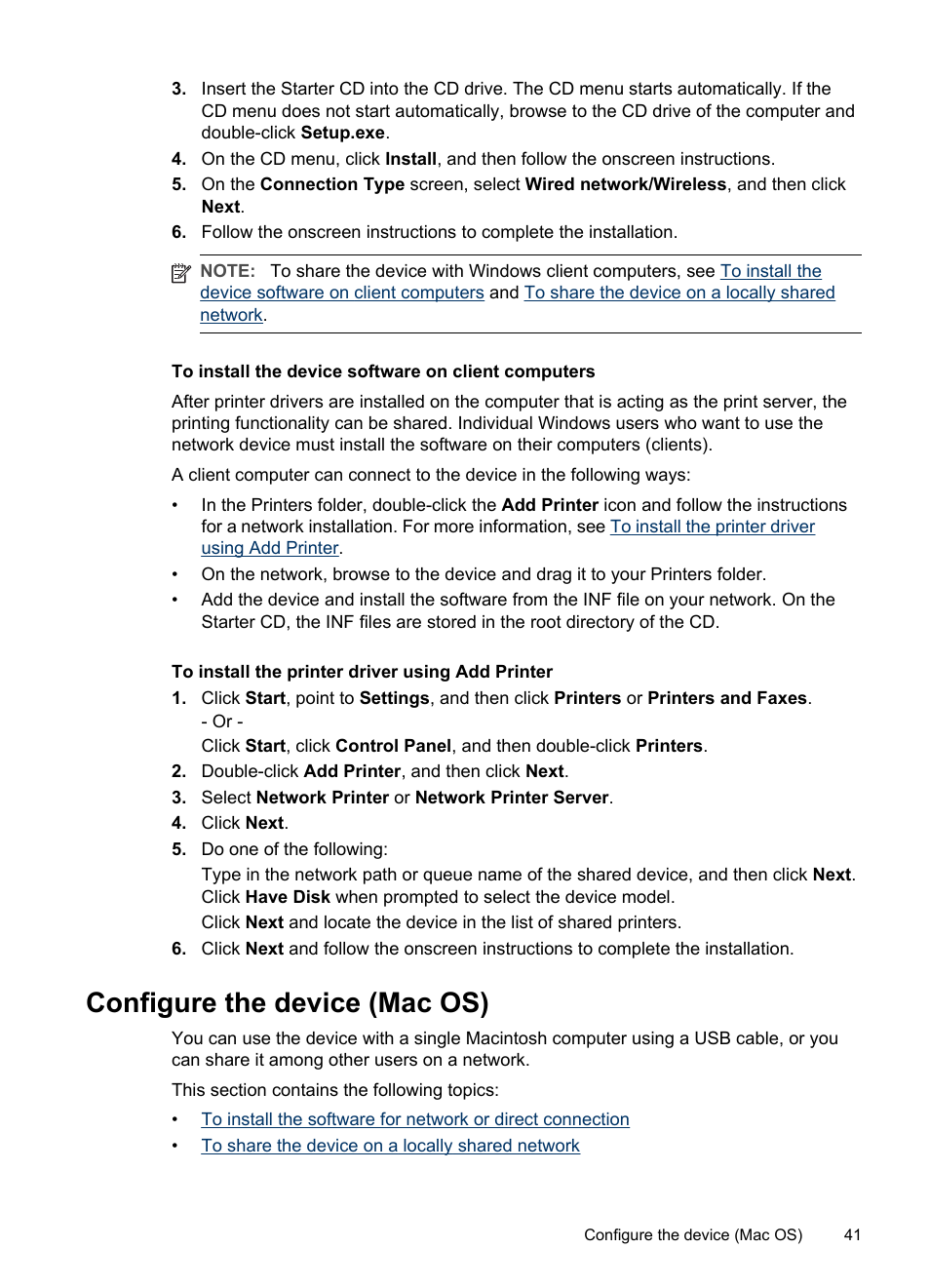 To install the device software on client computers, To install the printer driver using add printer, Configure the device (mac os) | To install the printer driver, Using add printer | HP Officejet Pro K5400 Printer User Manual | Page 45 / 103