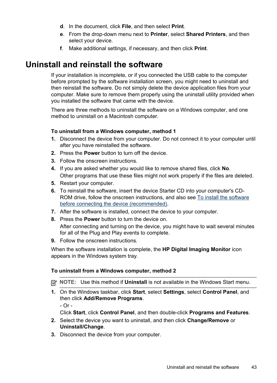 Uninstall and reinstall the software | HP Officejet Pro K5400 Printer User Manual | Page 47 / 103