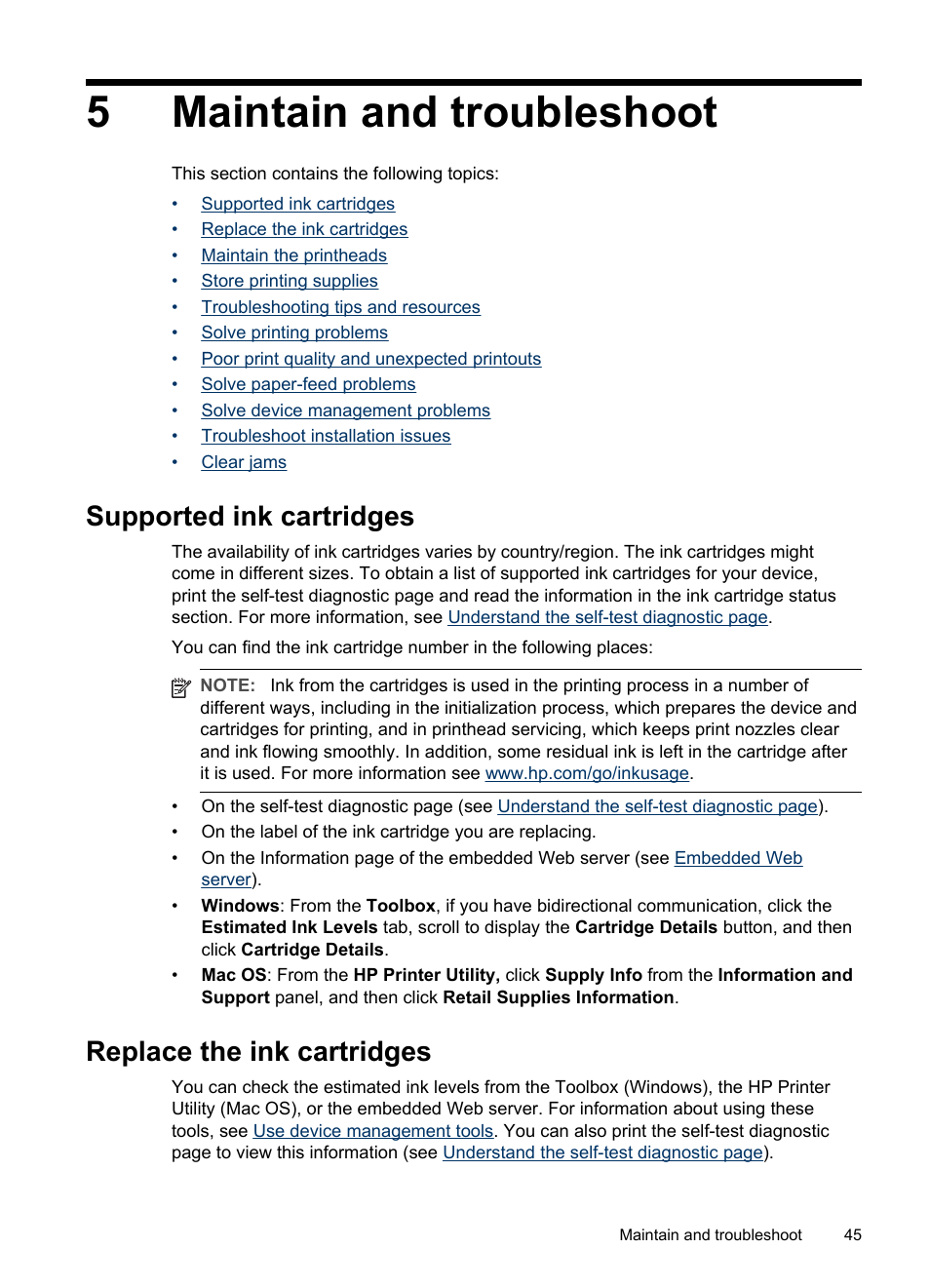 Maintain and troubleshoot, Supported ink cartridges, Replace the ink cartridges | 5 maintain and troubleshoot, 5maintain and troubleshoot | HP Officejet Pro K5400 Printer User Manual | Page 49 / 103