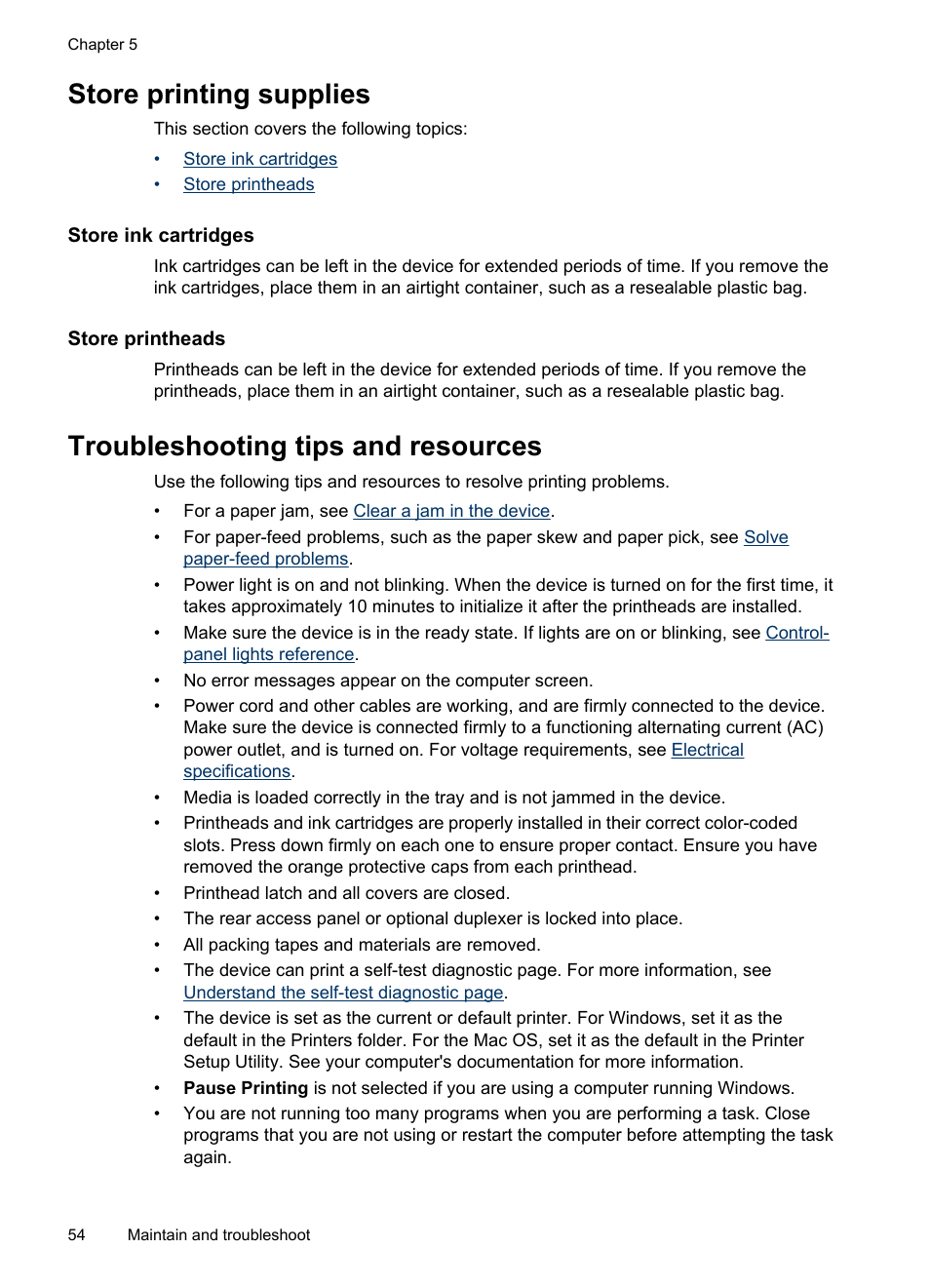 Store printing supplies, Store ink cartridges, Store printheads | Troubleshooting tips and resources, Store ink cartridges store printheads | HP Officejet Pro K5400 Printer User Manual | Page 58 / 103