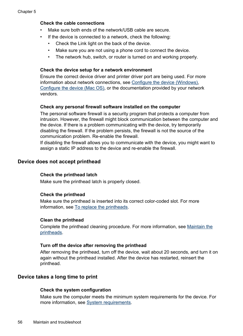Device does not accept printhead, Device takes a long time to print | HP Officejet Pro K5400 Printer User Manual | Page 60 / 103