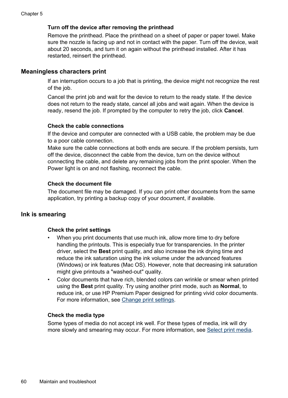 Meaningless characters print, Ink is smearing | HP Officejet Pro K5400 Printer User Manual | Page 64 / 103