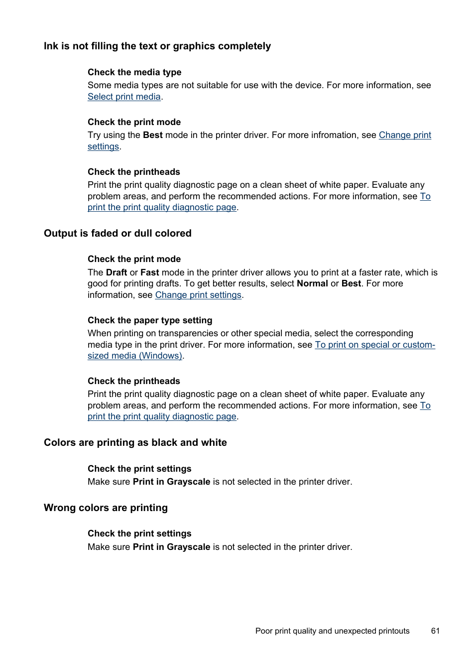 Ink is not filling the text or graphics completely, Output is faded or dull colored, Colors are printing as black and white | Wrong colors are printing | HP Officejet Pro K5400 Printer User Manual | Page 65 / 103