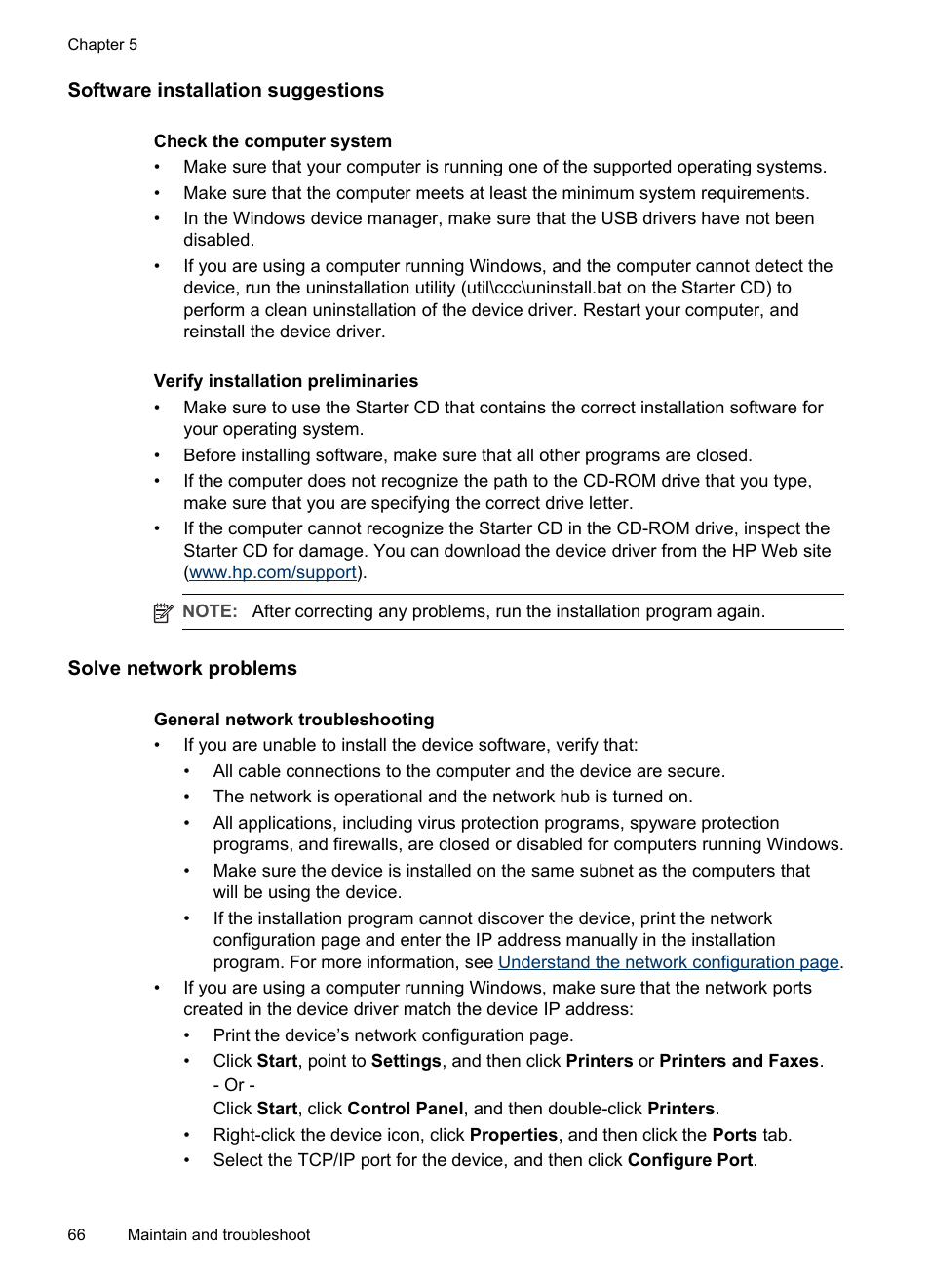 Software installation suggestions, Solve network problems | HP Officejet Pro K5400 Printer User Manual | Page 70 / 103