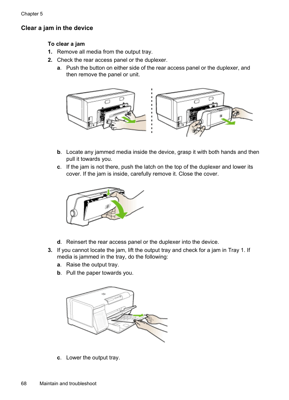 Clear a jam in the device, On resolving jams, see, Information, see | HP Officejet Pro K5400 Printer User Manual | Page 72 / 103