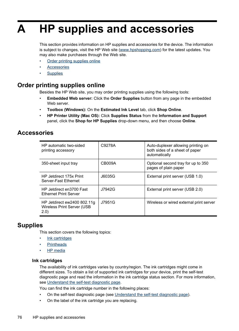 Hp supplies and accessories, Order printing supplies online, Accessories | Supplies, Ink cartridges, A hp supplies and accessories, Ink cartridges printheads hp media, Your device, see, Hp supplies and, Ahp supplies and accessories | HP Officejet Pro K5400 Printer User Manual | Page 80 / 103