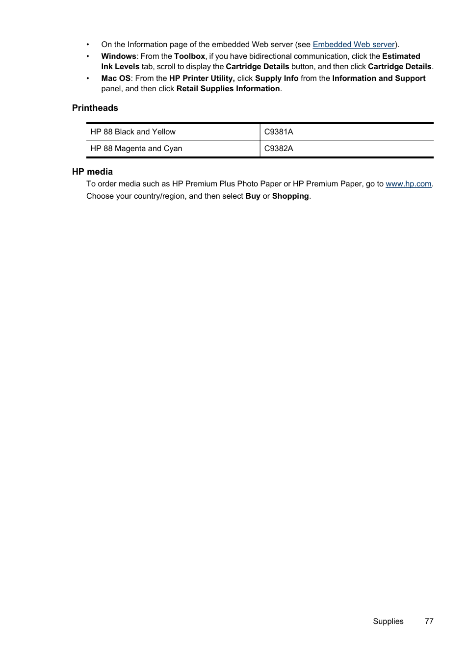 Printheads, Hp media | HP Officejet Pro K5400 Printer User Manual | Page 81 / 103