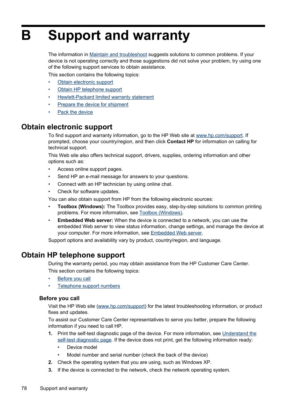 Support and warranty, Obtain electronic support, Obtain hp telephone support | Before you call, B support and warranty, Before you call telephone support numbers, Help, see, Bsupport and warranty | HP Officejet Pro K5400 Printer User Manual | Page 82 / 103