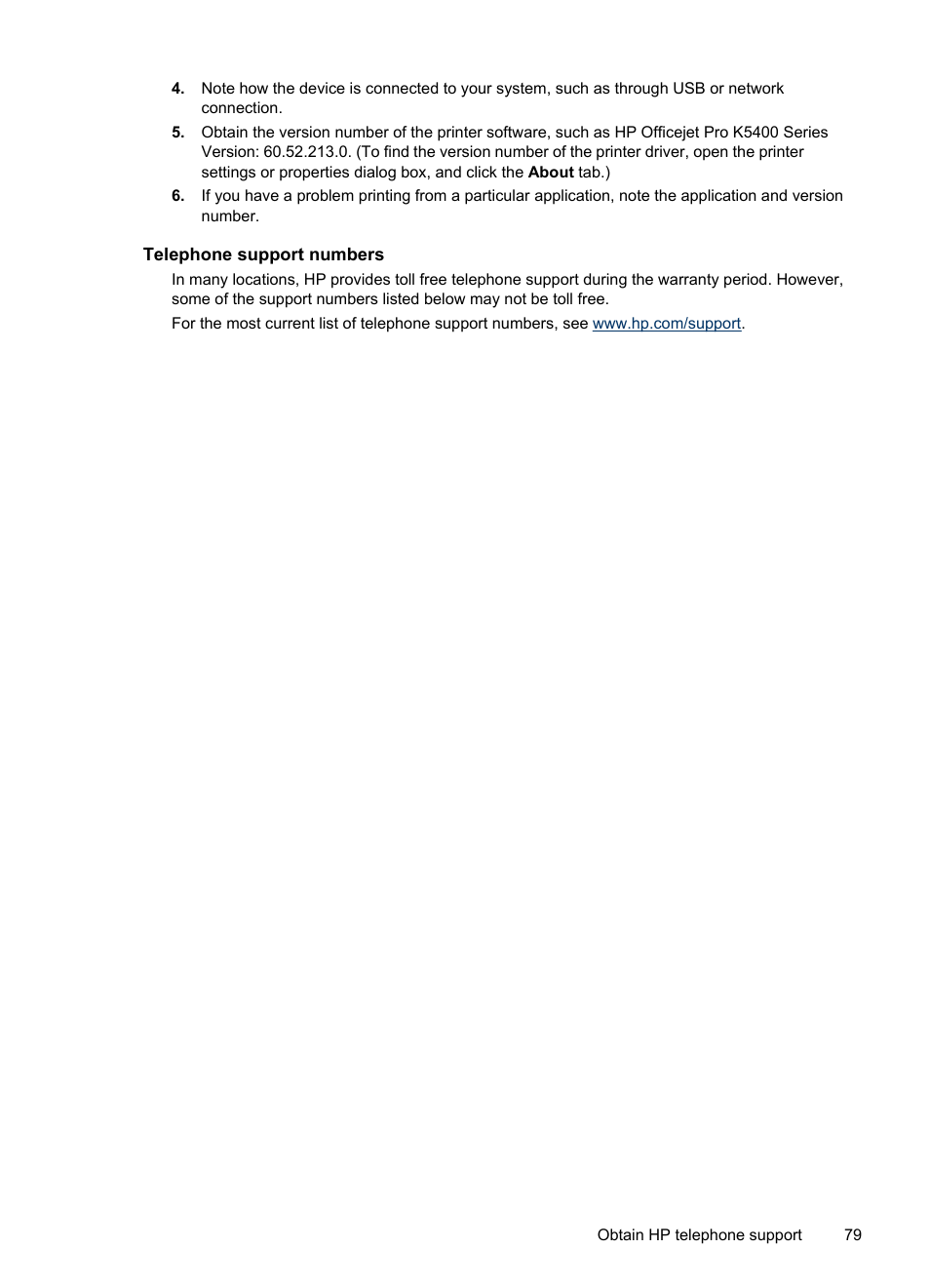 Telephone support numbers | HP Officejet Pro K5400 Printer User Manual | Page 83 / 103