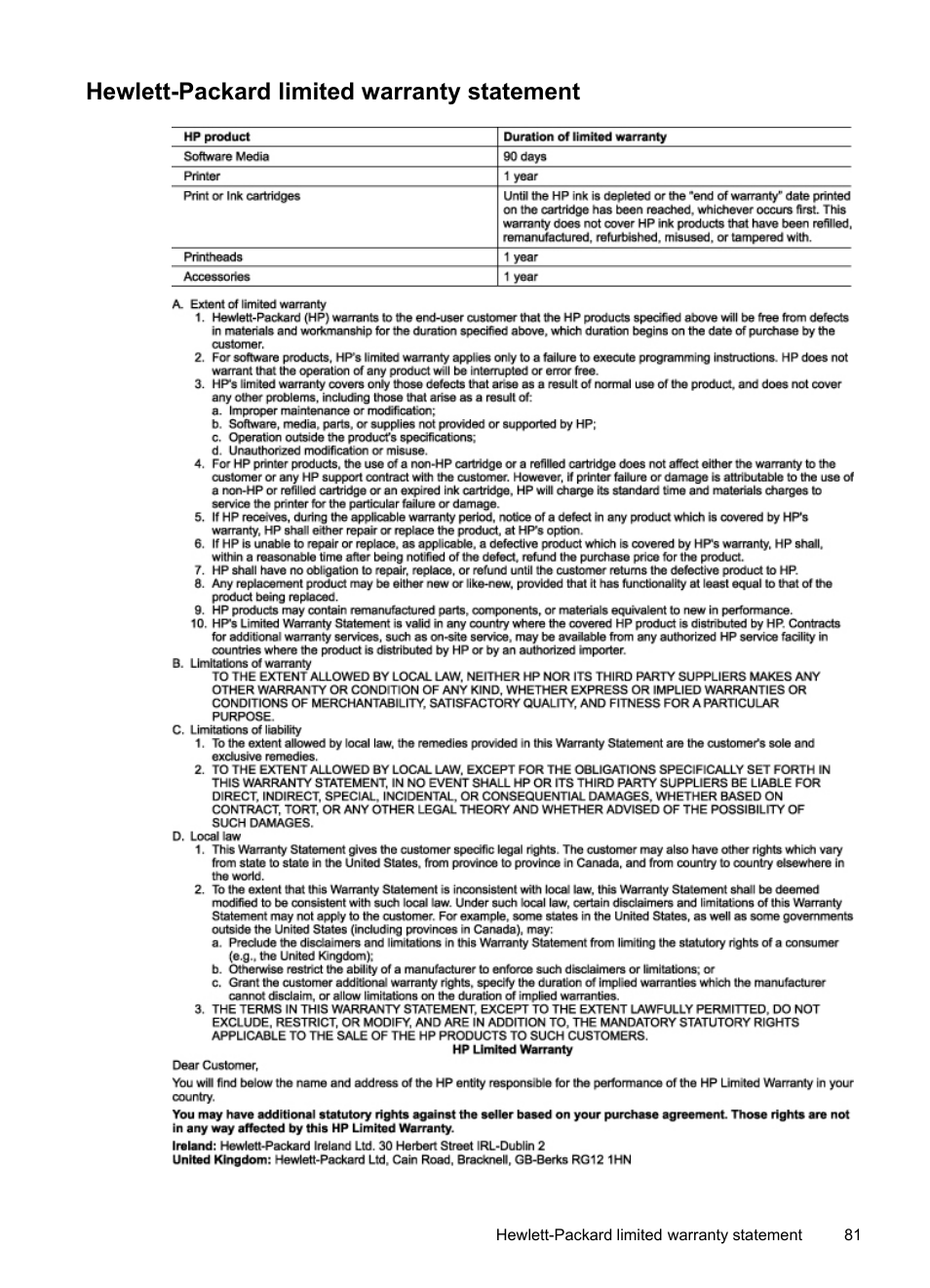 Hewlett-packard limited warranty statement | HP Officejet Pro K5400 Printer User Manual | Page 85 / 103