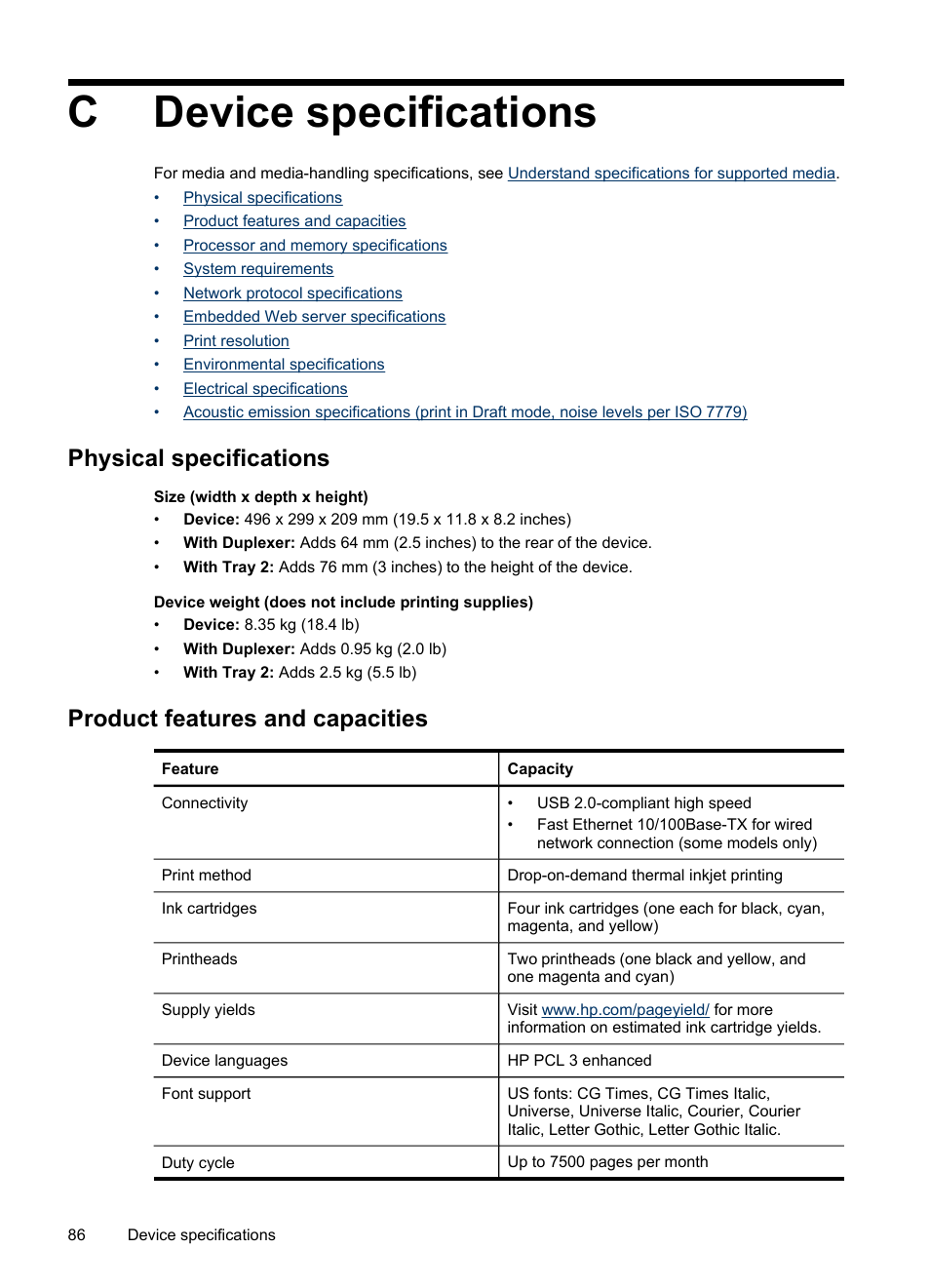 Device specifications, Physical specifications, Product features and capacities | C device specifications, Cdevice specifications | HP Officejet Pro K5400 Printer User Manual | Page 90 / 103