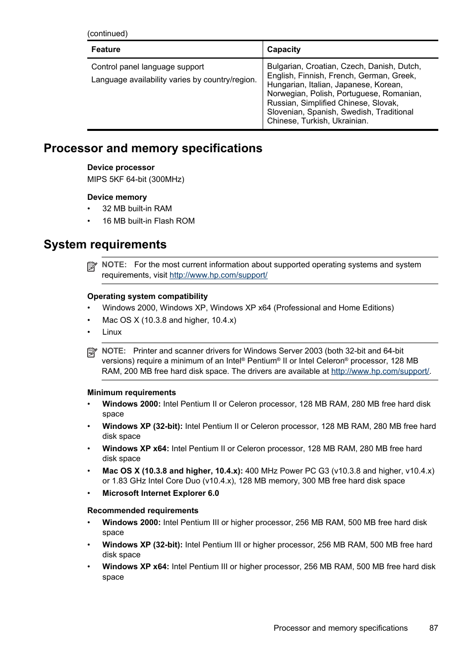 Processor and memory specifications, System requirements | HP Officejet Pro K5400 Printer User Manual | Page 91 / 103