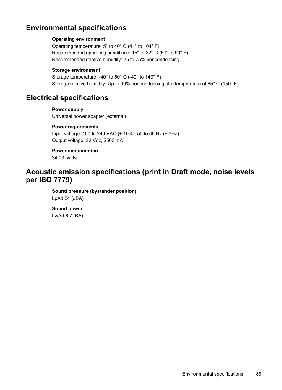 Environmental specifications, Electrical specifications, Electrical | Specifications | HP Officejet Pro K5400 Printer User Manual | Page 93 / 103