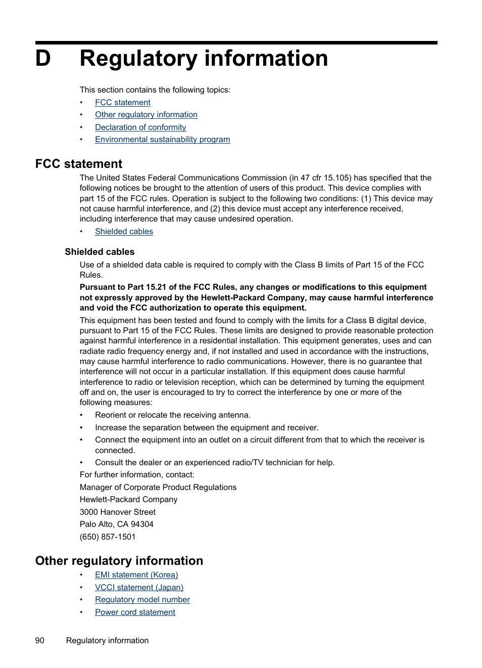 Regulatory information, Fcc statement, Shielded cables | Other regulatory information, D regulatory information, Dregulatory information | HP Officejet Pro K5400 Printer User Manual | Page 94 / 103